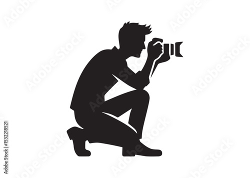 A man is crouching down and taking a picture with a camera Silhouette Vector