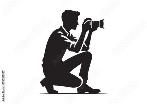 A man is crouching down and taking a picture with a camera Silhouette Vector