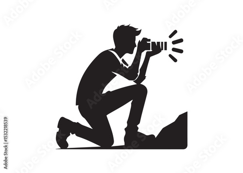 A man is crouching down and taking a picture with a camera Silhouette Vector