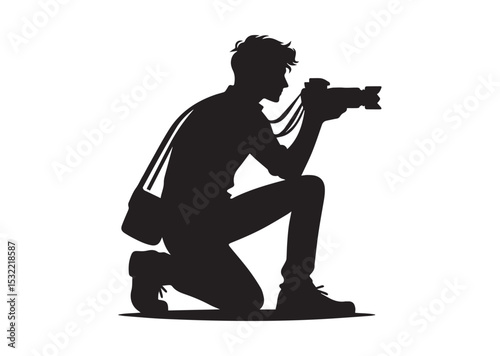 A man is crouching down and taking a picture with a camera Silhouette Vector