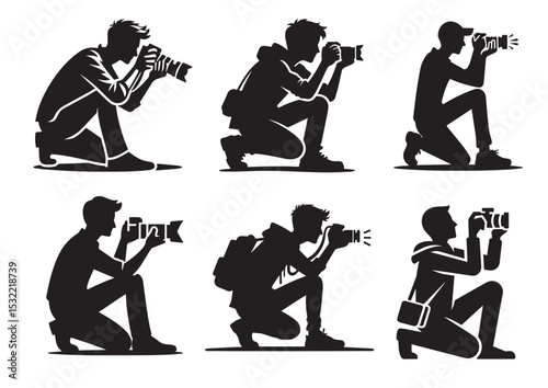 A man is crouching down and taking a picture with a camera Silhouette Vector Set