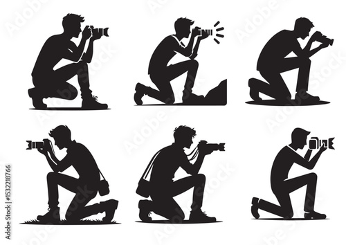 A man is crouching down and taking a picture with a camera Silhouette Vector Set