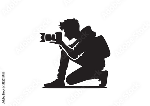 A man is crouching down and taking a picture with a camera Silhouette Vector