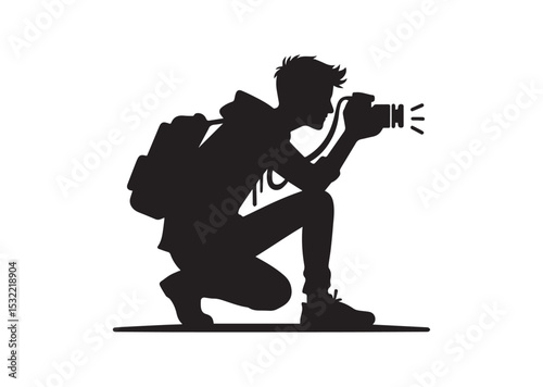 A man is crouching down and taking a picture with a camera Silhouette Vector
