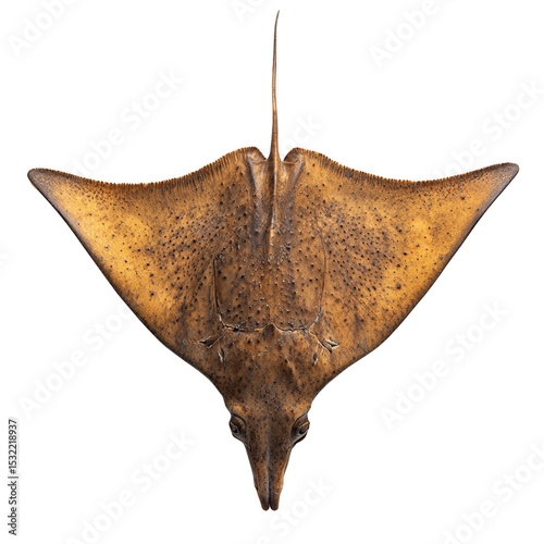 A top-down view of a brown spotted eagle ray with a long tail and wide, triangular pectoral fins. Png, Transparent background.