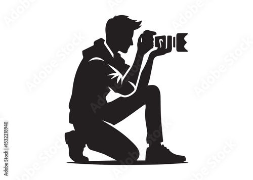 A man is crouching down and taking a picture with a camera Silhouette Vector
