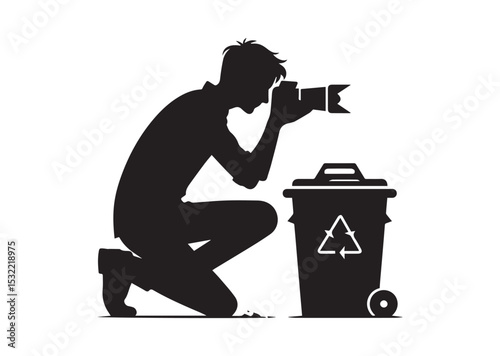 A man is crouching down and taking a picture with a camera Silhouette Vector