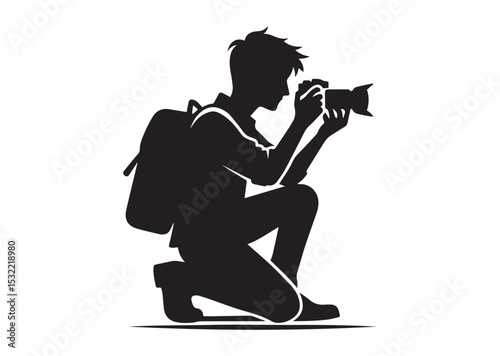 A man is crouching down and taking a picture with a camera Silhouette Vector