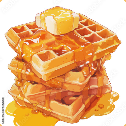 Watercolor vector illustration of stacked waffles with melting butter and syrup dripping, delicious breakfast food on white background. Vector illustration of dessert on white background