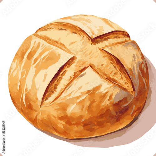 Watercolor vector illustration of a fresh loaf of bread with crusty golden top, isolated on white background.