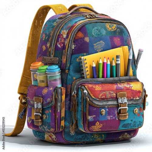 Colorful school backpack with yellow notebook, pencils, and small jars