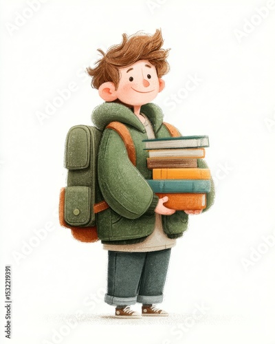 Smiling boy with Cochlear Implant carries Stack of colorful Books at school