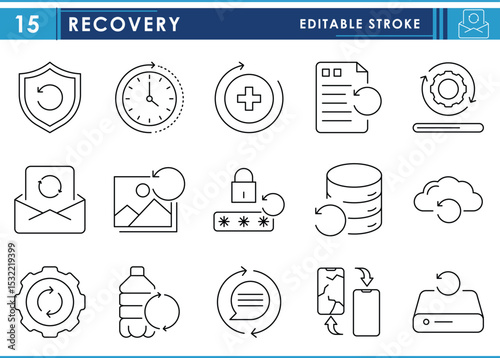 A set of line icons related to Recovery. Recover, password, gear, message, media, time, and so on. Vector editable stroke.