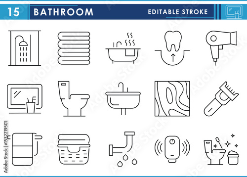 A set of line icons related to Bathroom. Bath, toilet, flooring, shower, towel, and so on. Vector editable stroke.