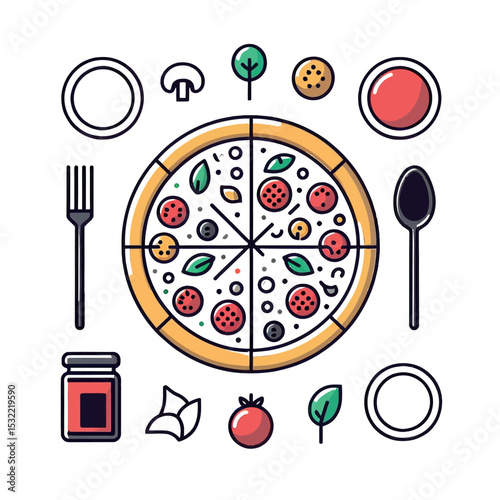 Pizza Ingredients Vector Set Food Icons Illustration for Menu and Culinary Design