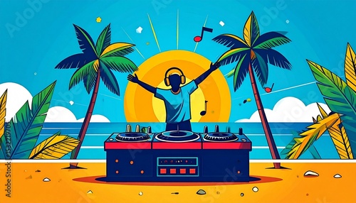 DJ performs lively music set on sunny beach with palm trees during vibrant sunset