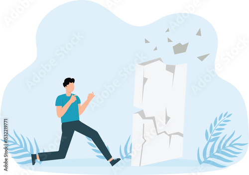 People destroying walls and Employees and businessmen overcome obstacles and persons break barriers and glass and concrete and bricks concept
