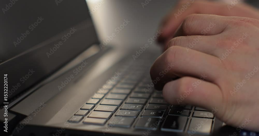 Male hands professional user using typing on laptop notebook keyboard sit at home. Man fingers tapping and texting on computer browsing online.