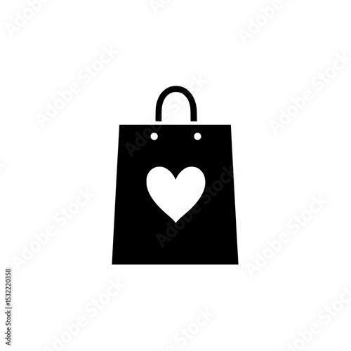 Shopping Bag Icon with Heart Symbol, Minimalist black and white icon of a shopping bag featuring a heart design, symbolizing love for shopping or gifting.

