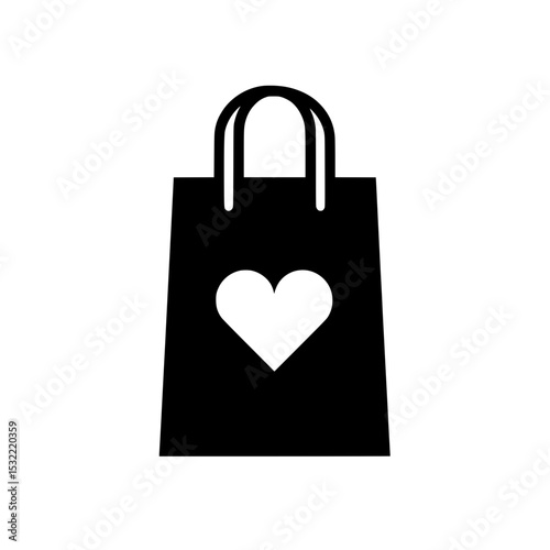 Shopping Bag Icon with Heart Symbol, Minimalist black and white icon of a shopping bag featuring a heart design, symbolizing love for shopping or gifting.

