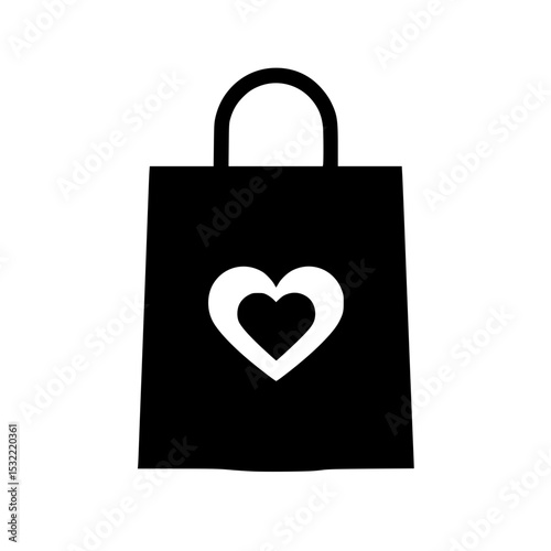 Shopping Bag Icon with Heart Symbol, Minimalist black and white icon of a shopping bag featuring a heart design, symbolizing love for shopping or gifting.

