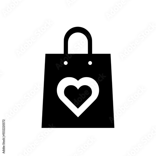 Shopping Bag Icon with Heart Symbol, Minimalist black and white icon of a shopping bag featuring a heart design, symbolizing love for shopping or gifting.

