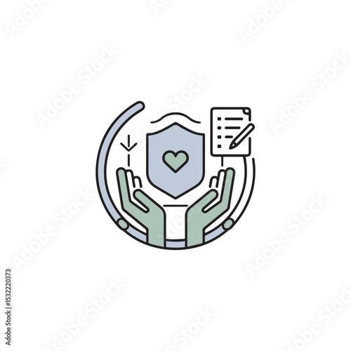 Vector art of protective hands hold a heartshaped shield with a checklist, isolated on white background
