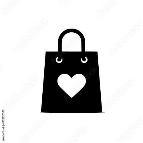 Shopping Bag Icon with Heart Symbol, Minimalist black and white icon of a shopping bag featuring a heart design, symbolizing love for shopping or gifting.

