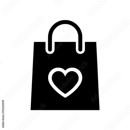 Shopping Bag Icon with Heart Symbol, Minimalist black and white icon of a shopping bag featuring a heart design, symbolizing love for shopping or gifting.


