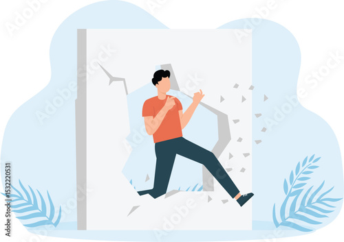 Business people destroy walls and smash obstacles in different ways and break concrete and brickwork and glass. Men hard path to success and nowadays concept
