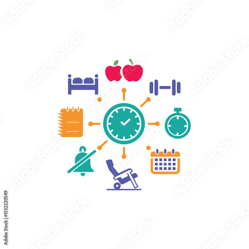 Vector art of a colorful illustration shows a clock surrounded by icons representing healthy habits and time management, isolated on white background