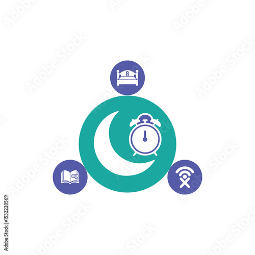 Vector art of a crescent moon with an alarm clock is surrounded by icons representing sleep, reading, and wifi