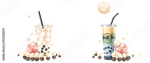 Milk Bubble Tea Splash – Doodle Chalk Style Vector Illustration of Fruity Beverage Cups with Toppings
