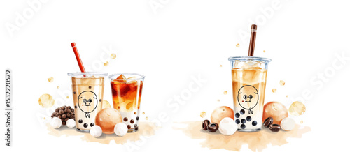 Milk Bubble Tea Splash – Doodle Chalk Style Vector Illustration of Fruity Beverage Cups with Toppings