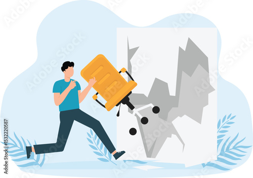 Business people destroy walls and smash obstacles in different ways and break concrete and brickwork and glass. Men hard path to success and nowadays concept

