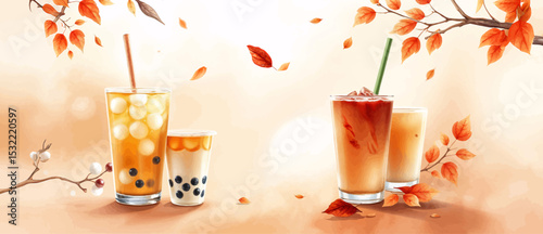 Milk Bubble Tea Splash – Doodle Chalk Style Vector Illustration of Fruity Beverage Cups with Toppings