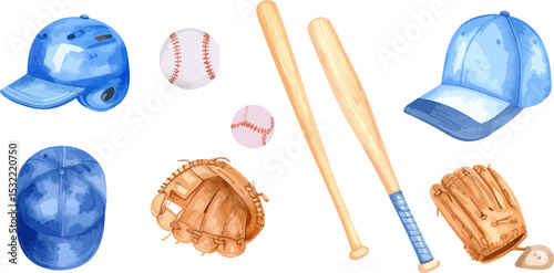 Vector illustration of red and white baseball equipment set with bat and ball, isolated on white background.
