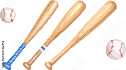 Vector illustration of red and white baseball equipment set with bat and ball, isolated on white background.
