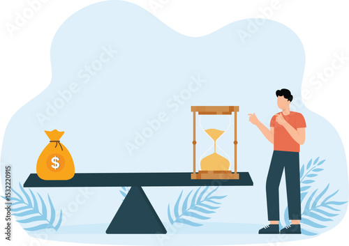 Value time and money and evaluation time investments in comparison with profit. Man with huge scales and hourglass and bag with cash concept
