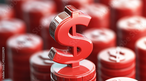 A red and silver dollar sign on a red and silver background with a blurred background of red and silver objects.