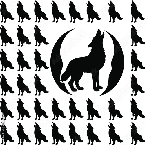 Silhouetted wolf howling with scattered wolf graphics on white background illustration of wolves and nature