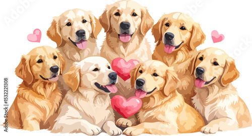 Vector illustration of a group of cute golden retriever puppies