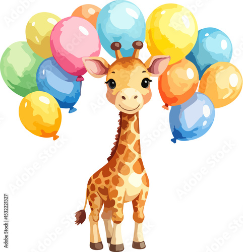Vector illustration of a fun giraffe with colorful birthday balloons.
