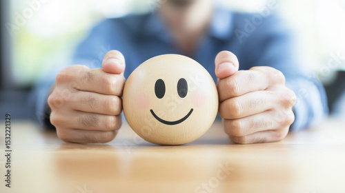 A person holding a wooden smiley face against a blurred background.