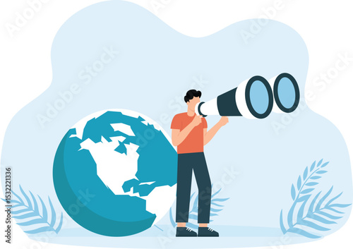 International global business opportunities, Man with laptop working and looking in future standing on earth, worldwide career development concept
