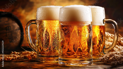 Three glasses of beer on a wooden table with a rustic background.