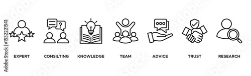 Expertise banner web icon vector illustration design concept representing high-level knowledge and experience with an icon of expert, consulting, knowledge, team, advice, trust, and research