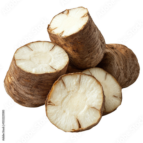 Several pieces of raw cassava root, showing the brown outer skin and white starchy interior. Png, Transparent background.