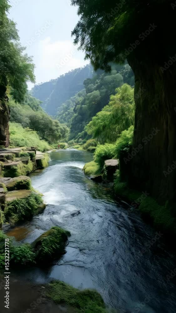 Lush valley river stream flowing through a vibrant gorge with rocks, green trees, and vegetation on a bright day. Lush valley river stream flowing through a vibrant gorge with rocks, green trees, and vegetation on a bright day.