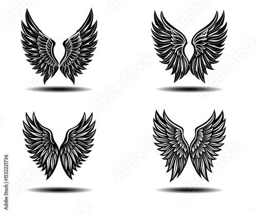 Elegant Gothic Angel Wings Vector Pack with Distressed Feather Details. Perfect for tattoo art, fantasy branding, spiritual prints, and memorial logos in scalable vector format.

